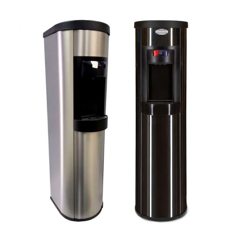 Two bottleless water coolers. One of them has a stainless steel design, and the other has a black plastic design.