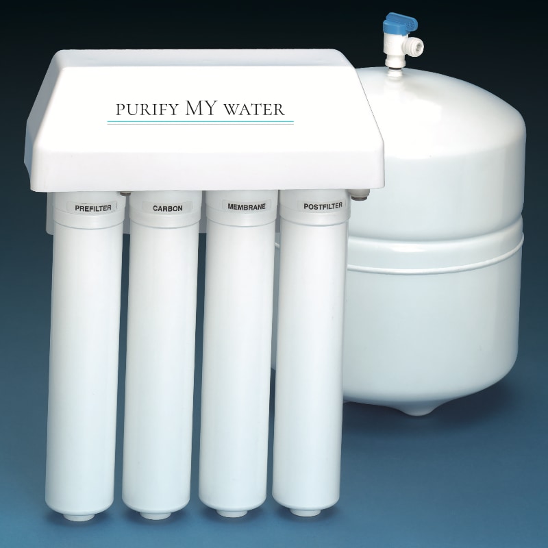 A white reverse osmosis water purification system with four filters and a white water holding tank.