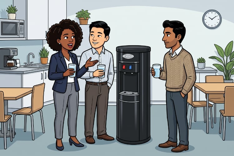 A group of three friendly 2D cartoon avatar professionals are standing around a bottless water cooler in a company break room. They all have water glasses in their hands, and they are talking to each other.