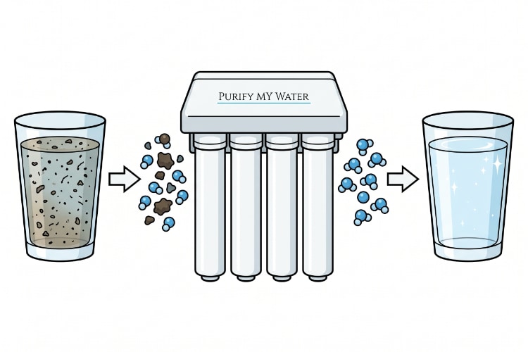 A basic illustration of a reverse osmosis purification system. There is a glass full of dirty water on the left, the reverse osmosis system is in the centre, and there is a glass full of clean, pure water on the right.