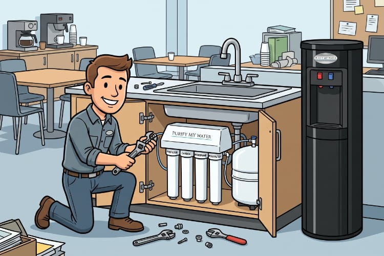 A friendly 2D cartoon avatar with a wrench in his hand is installing a reverse osmosis water purification system beneath a sink in a company break room. There is also a black bottleless water cooler next to the sink.