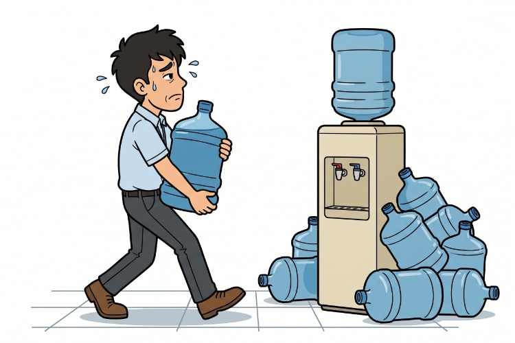 A friendly 2D cartoon avatar is sweating as he struggles to carry a large water jug to replace the empty water jug for an old-fashioned water cooler. There is also a pile of empty water jugs surrounding the water cooler.